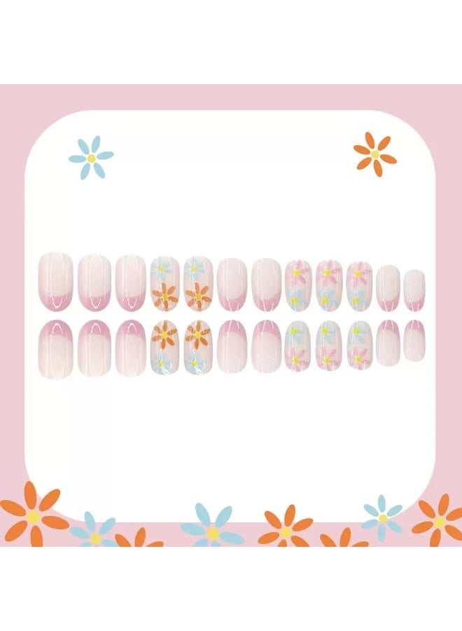 جوسكوين 24 قطعة من الأظافر الصناعية القابلة للضغط، مانيكير فرنسي بسيط بتصميم زهري، أظافر قابلة لإعادة الاستخدام، فن زهري رائع، أظافر أكريليك مع مجموعة غراء. - Image 5