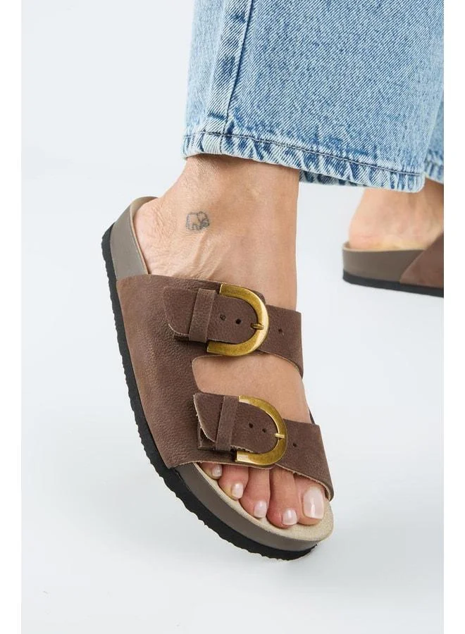 Fuga Women's Real Leather Double Strap Nubuck Coffee Slippers.
