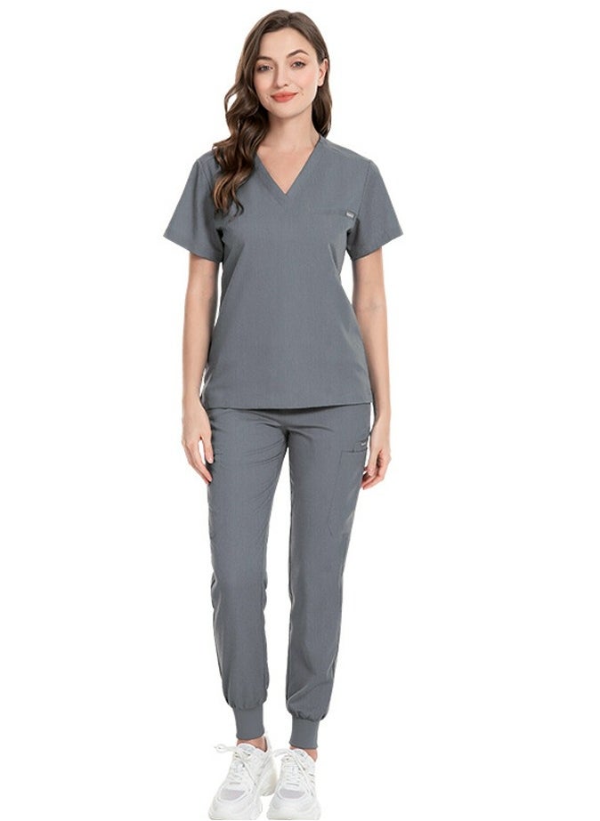 Loquat Unisex Medical Uniform Scrubs 2 Piece Set V-Neck Top and Elastic Waist Jogger Pants Suit Grey  - Image 1