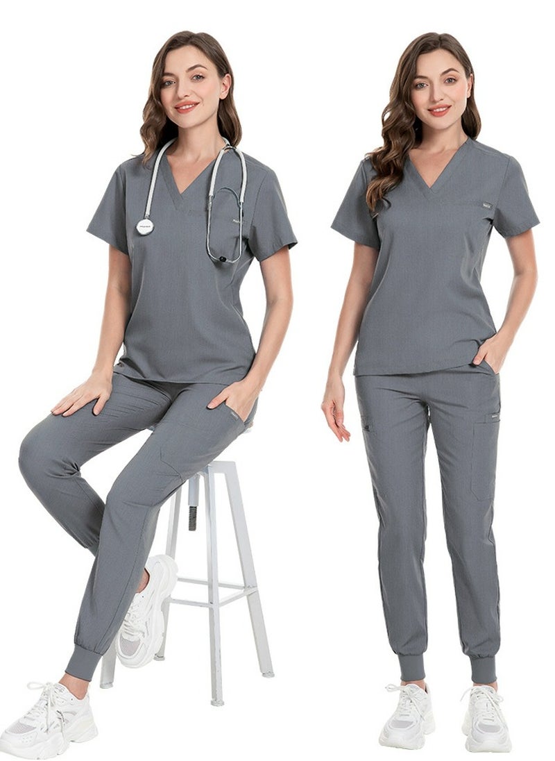 Loquat Unisex Medical Uniform Scrubs 2 Piece Set V-Neck Top and Elastic Waist Jogger Pants Suit Grey  - Image 2