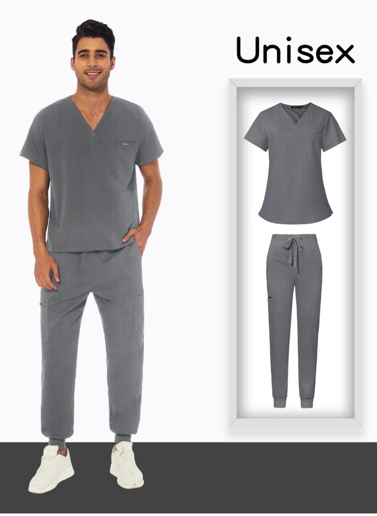 Loquat Unisex Medical Uniform Scrubs 2 Piece Set V-Neck Top and Elastic Waist Jogger Pants Suit Grey  - Image 3