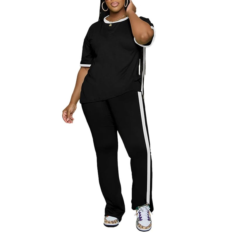 PINSV 2 Piece Sets for Women Summer Casual Short Sleeve Top and Flare Pants Lounge Sets Black XXL - Image 3