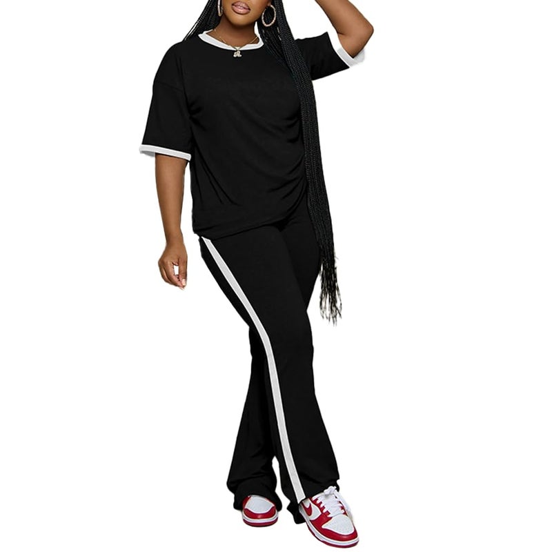 PINSV 2 Piece Sets for Women Summer Casual Short Sleeve Top and Flare Pants Lounge Sets Black XXL - Image 1