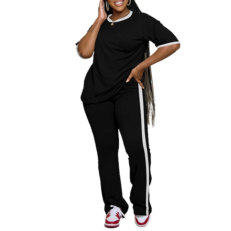 PINSV 2 Piece Sets for Women Summer Casual Short Sleeve Top and Flare Pants Lounge Sets Black XXL - Image 5