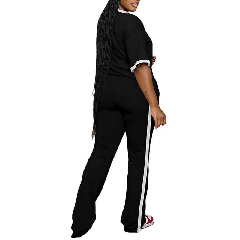 PINSV 2 Piece Sets for Women Summer Casual Short Sleeve Top and Flare Pants Lounge Sets Black XXL - Image 4