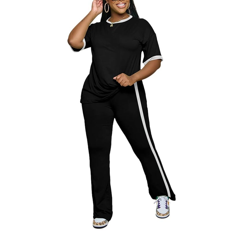 PINSV 2 Piece Sets for Women Summer Casual Short Sleeve Top and Flare Pants Lounge Sets Black XXL - Image 2