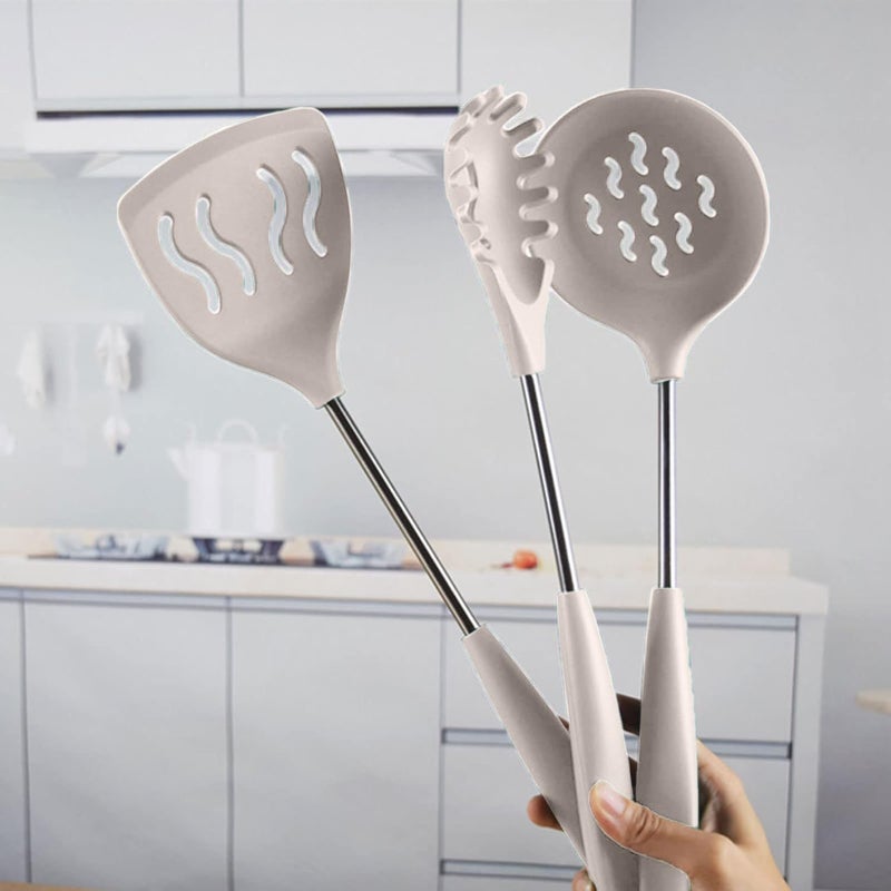 FS COOL FS COOL Karchi for Cooking Silicone Spaghetti Fork Non Stick Rice Spoon Skimmer Slotted Spoon Spatula Stand Soup Ladle Slotted Spoon Pasta Server Scooper Spatula Set of 5 Cream  - Image 3