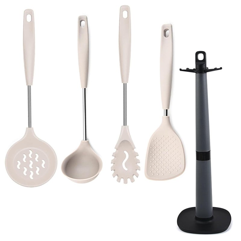 FS COOL FS COOL Karchi for Cooking Silicone Spaghetti Fork Non Stick Rice Spoon Skimmer Slotted Spoon Spatula Stand Soup Ladle Slotted Spoon Pasta Server Scooper Spatula Set of 5 Cream  - Image 1