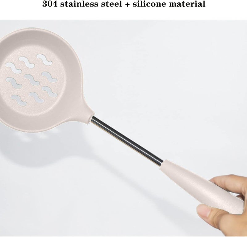 FS COOL FS COOL Karchi for Cooking Silicone Spaghetti Fork Non Stick Rice Spoon Skimmer Slotted Spoon Spatula Stand Soup Ladle Slotted Spoon Pasta Server Scooper Spatula Set of 5 Cream  - Image 4