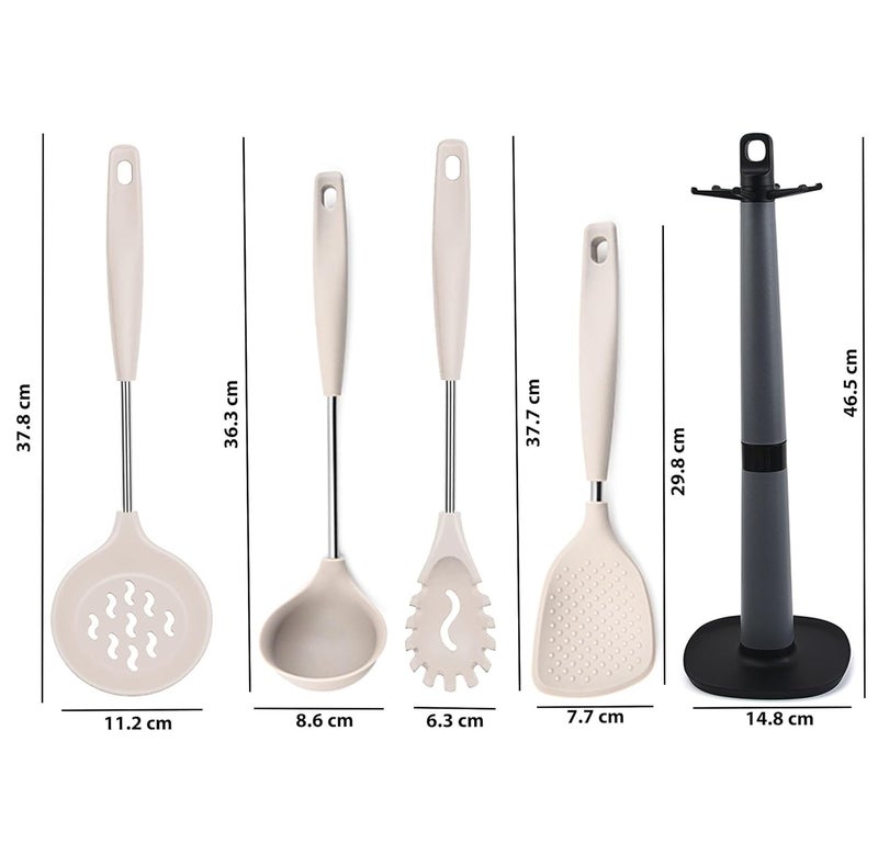FS COOL FS COOL Karchi for Cooking Silicone Spaghetti Fork Non Stick Rice Spoon Skimmer Slotted Spoon Spatula Stand Soup Ladle Slotted Spoon Pasta Server Scooper Spatula Set of 5 Cream  - Image 2