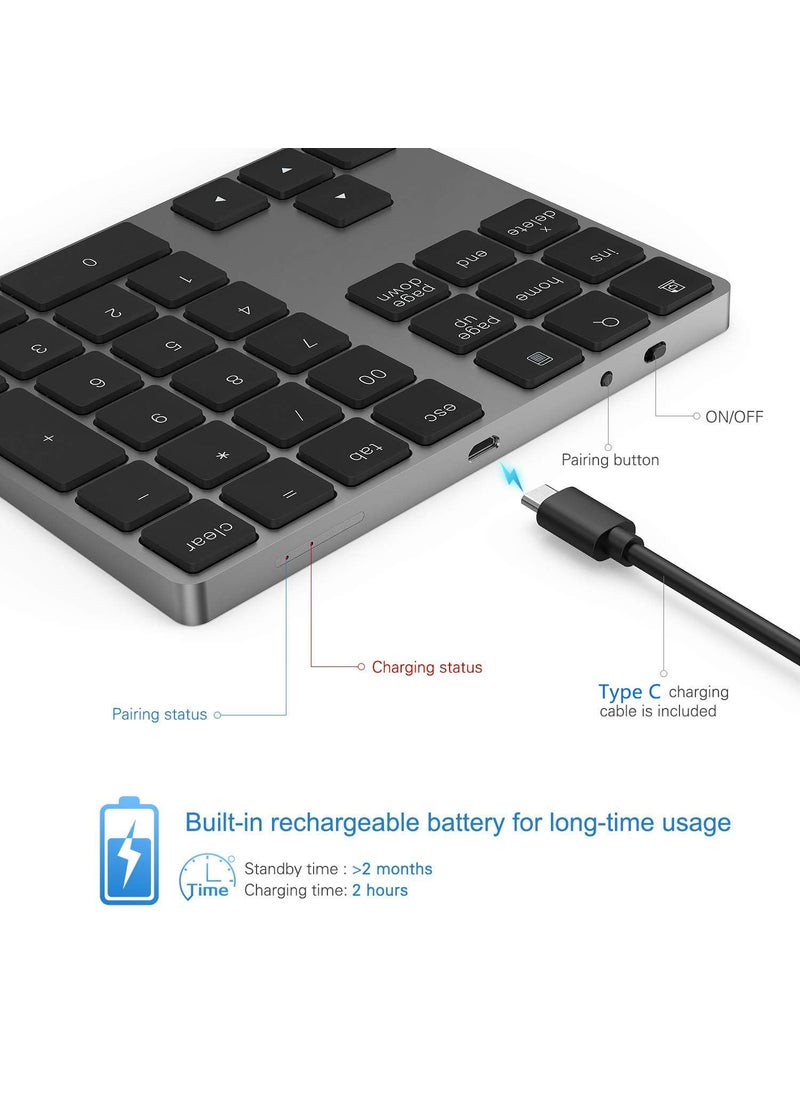 Lekvey Bluetooth Number Pad, Lekvey Aluminum Rechargeable Wireless Numeric Keypad Slim 34-Keys External Numpad Keyboard Data Entry Compatible for Macbook, MacBook Air/Pro, iMac Windows Laptop Surface Pro etc  - Image 3