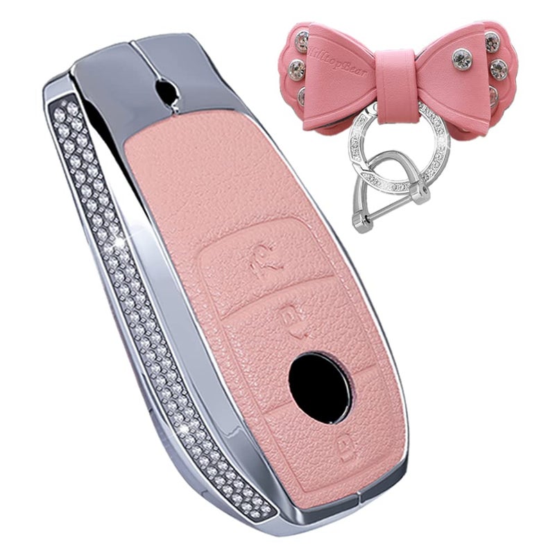 KUNIO Car Key Fob Cover Fit for Mercedes Benz A S Class CLA GLK Key Protective Cover Keychain Leather Metal Key Holder 3 Buttons Pink, Pink - Image 1