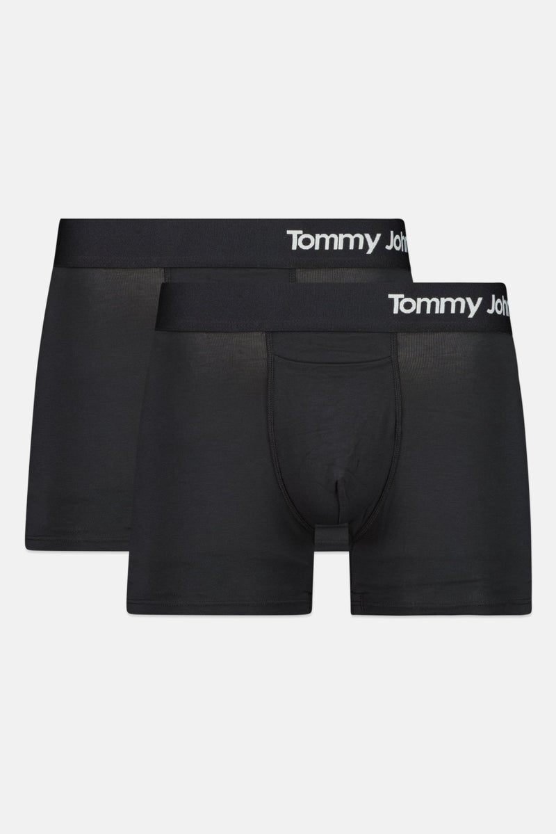 Tommy John Men 2 Pieces 6 Inseam Brand Logo Boxer Briefs, Black - Image 1
