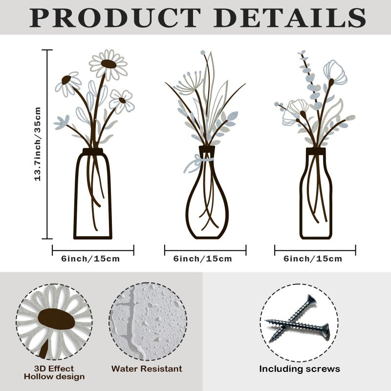 Pigort 3 Pieces Metal Vase Flowers Wall Arts - Rustic Farmhouse Style DÃ©cor Metal Wall Art Black Minimalist Flower Natural Themed Wall Decors for Home Bedroom Dining Room Housewarming (Brown-Blue, Vase-C) - Image 2
