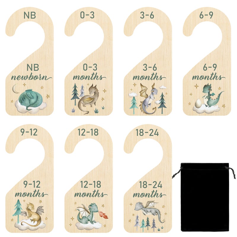 R HORSE Wooden Baby Closet Dividers - 8Pcs Dragon Baby Closet Organizer, Double-Sided Newborn Clothes Size Hanger Dividers, Nursery Decor Birthday Gift for Boy Girl (0-24 Months) - Image 1