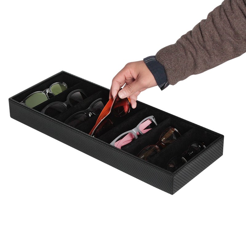 J JACKCUBE DESIGN JackCubeDesign 7 Compartments Sunglasses Organizer, Leather Eyelgass Storage Tray Box for Table Desk Drawer (Carbon Design Black, 17.4 x 6.7 x 1.97) - MK378A - Image 1