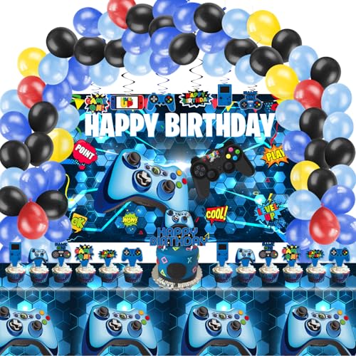 KimaruLZ Video Game Birthday Party Decorations 109Pcs Gamer Gaming Party Supplies For Boys Birthday Party Happy Backdrop Table Cover Hanging Swirls Cupcake Cake Topper Balloons - Image 1