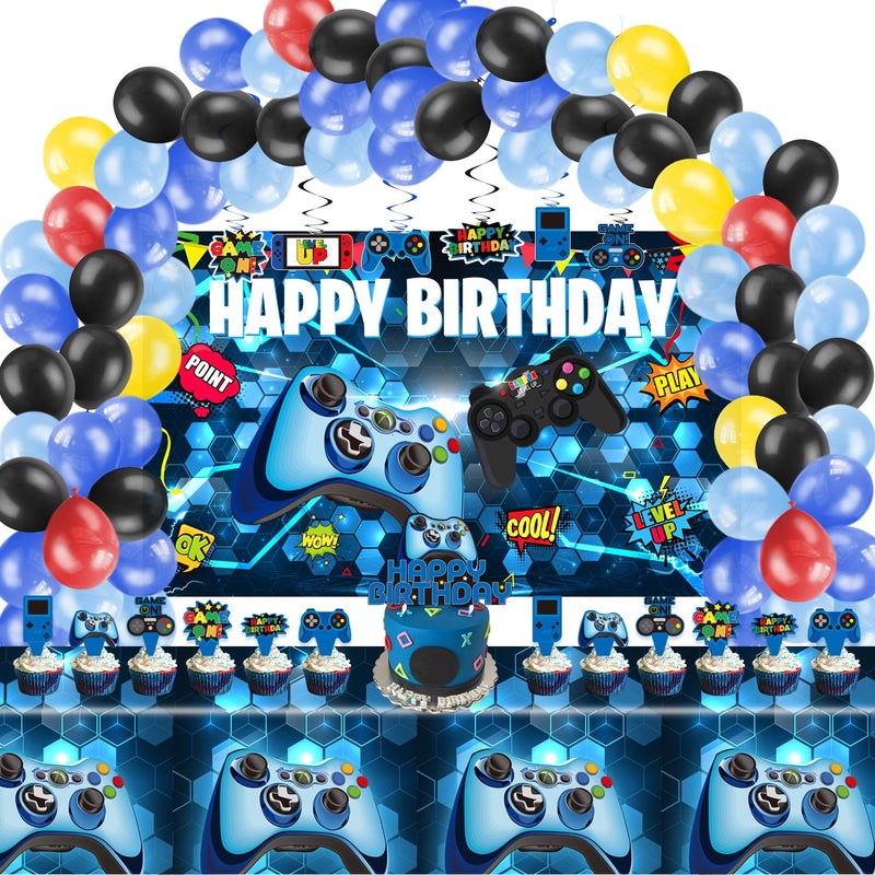 KimaruLZ Video Game Birthday Party Decorations 109Pcs Gamer Gaming Party Supplies For Boys Birthday Party Happy Backdrop Table Cover Hanging Swirls Cupcake Cake Topper Balloons - Image 2