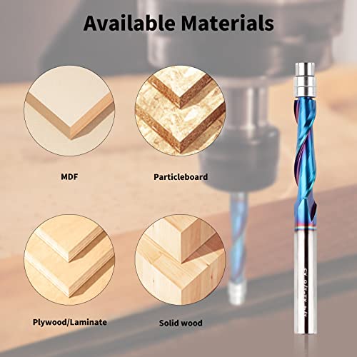 EANOSIC 5PCS Upcut Spiral Flush Trim Router Bit, 1/4 Inch Shank Solid Carbide Flush Trim Router Bits CNC Spiral Bit with Nano Blue Coating(1/4" Shank Up-Cut) - Image 4