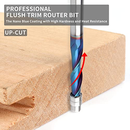 EANOSIC 5PCS Upcut Spiral Flush Trim Router Bit, 1/4 Inch Shank Solid Carbide Flush Trim Router Bits CNC Spiral Bit with Nano Blue Coating(1/4" Shank Up-Cut) - Image 3