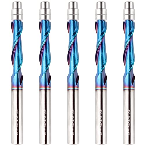 EANOSIC 5PCS Upcut Spiral Flush Trim Router Bit, 1/4 Inch Shank Solid Carbide Flush Trim Router Bits CNC Spiral Bit with Nano Blue Coating(1/4" Shank Up-Cut) - Image 1