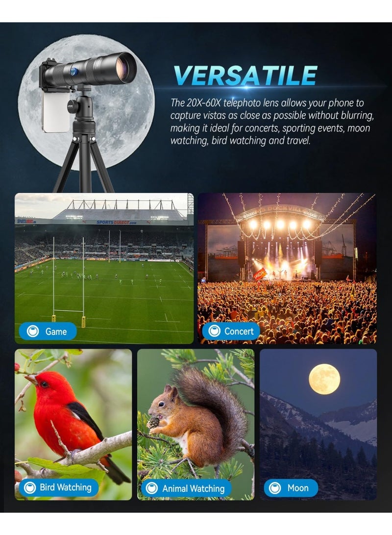 APEXEL 20-60X Zoom Telephoto Lens, High Power HD Telephoto Phone Lens with Tripod and Universal Phone Clip for iPhone 16/15/14/13 Series, Samsung, Android Phone and Most Smartphone - Image 3