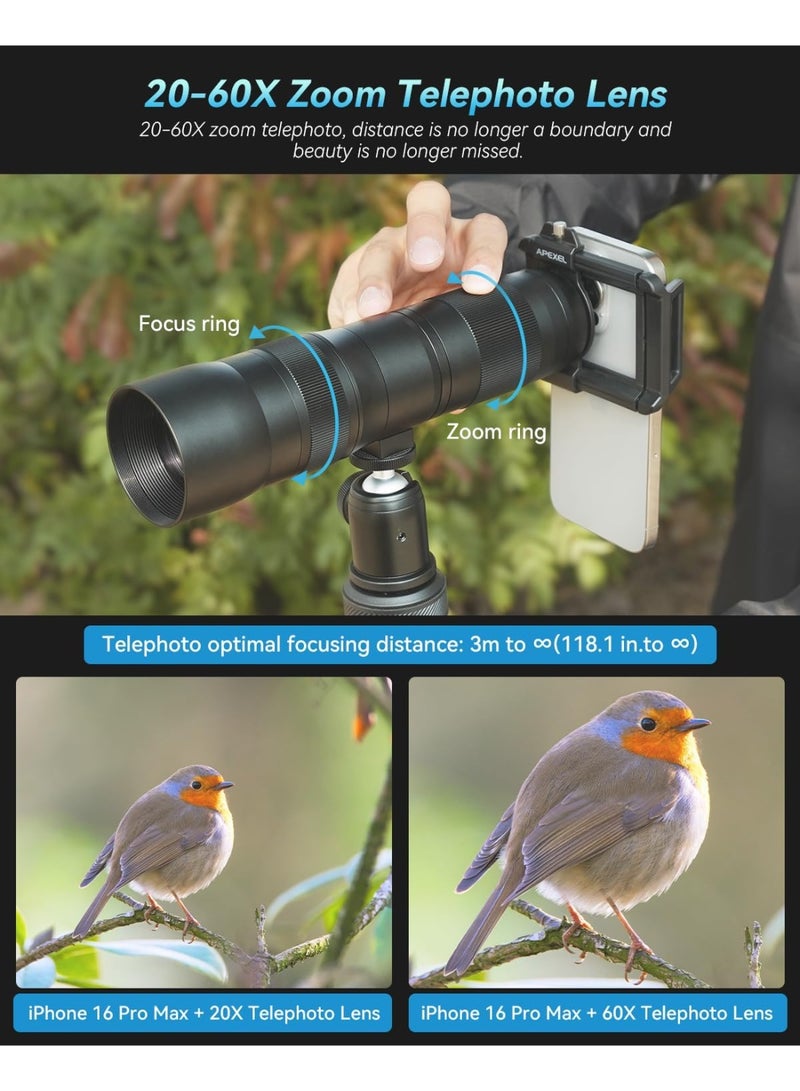 APEXEL 20-60X Zoom Telephoto Lens, High Power HD Telephoto Phone Lens with Tripod and Universal Phone Clip for iPhone 16/15/14/13 Series, Samsung, Android Phone and Most Smartphone - Image 4