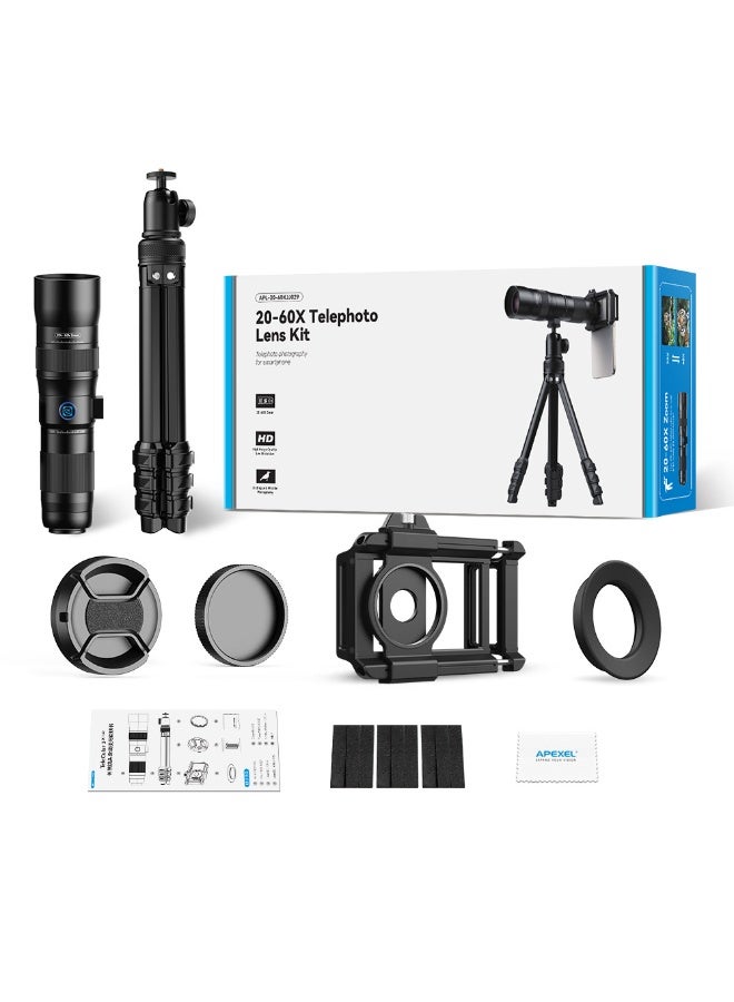 APEXEL 20-60X Zoom Telephoto Lens, High Power HD Telephoto Phone Lens with Tripod and Universal Phone Clip for iPhone 16/15/14/13 Series, Samsung, Android Phone and Most Smartphone - Image 1