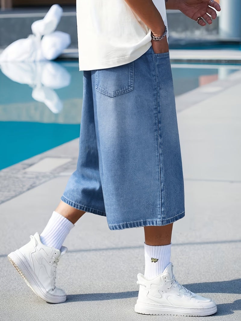 New American Style Oversized Washed Baggy Wide-Leg Capris Jeans Men's Korean Casual Summer Streetwear Teenager Preppy Style Ultra Loose Denim Pants Unisex - Image 2
