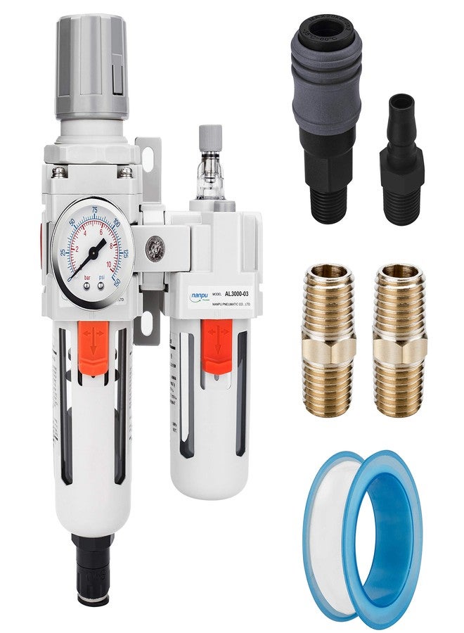 NANPU 3/8" NPT Auto-Drain Air Filter Regulator Lubricator Combo (FRL) Water/Oil Trap Separator - Gauge(0-150 psi), 5 Micron Brass Element, Poly Bowl, Metal Bracket - Image 1