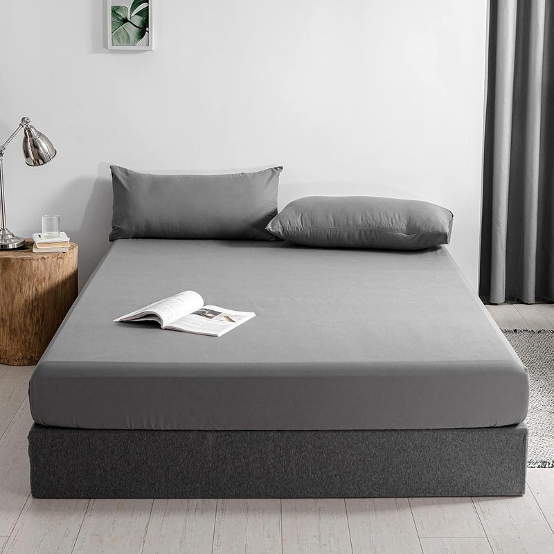 Good Nite Fitted Sheet 160 x 200 cm Grey Polyester Bed Sheet 30 cm Extra Deep Pocket Sheet Fitted Sheet Soft and Breathable Machine Washable - Image 1