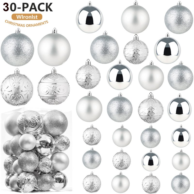 Wironlst Christmas Ball الحلي - 30 بكسل زخارف عيد الميلاد البلاستيكية المضادة للبلاستيك معلقة زخارف الكرة لحفل زفاف شجرة الأشجار (الفضة متعددة الحجم) - Image 2