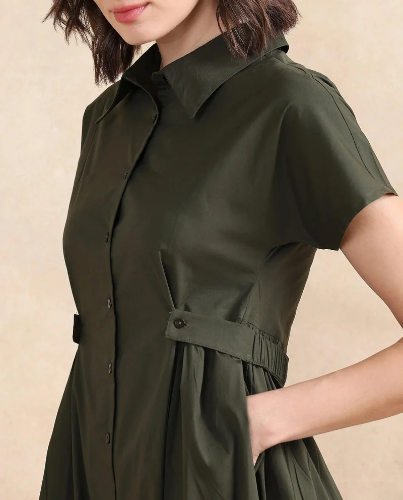 Rareism Rareism Women Eddl Olive Cotton Blend Fabric Short Sleeve Collared Neck Button Closure Fit And Flare Midi Plain Dress