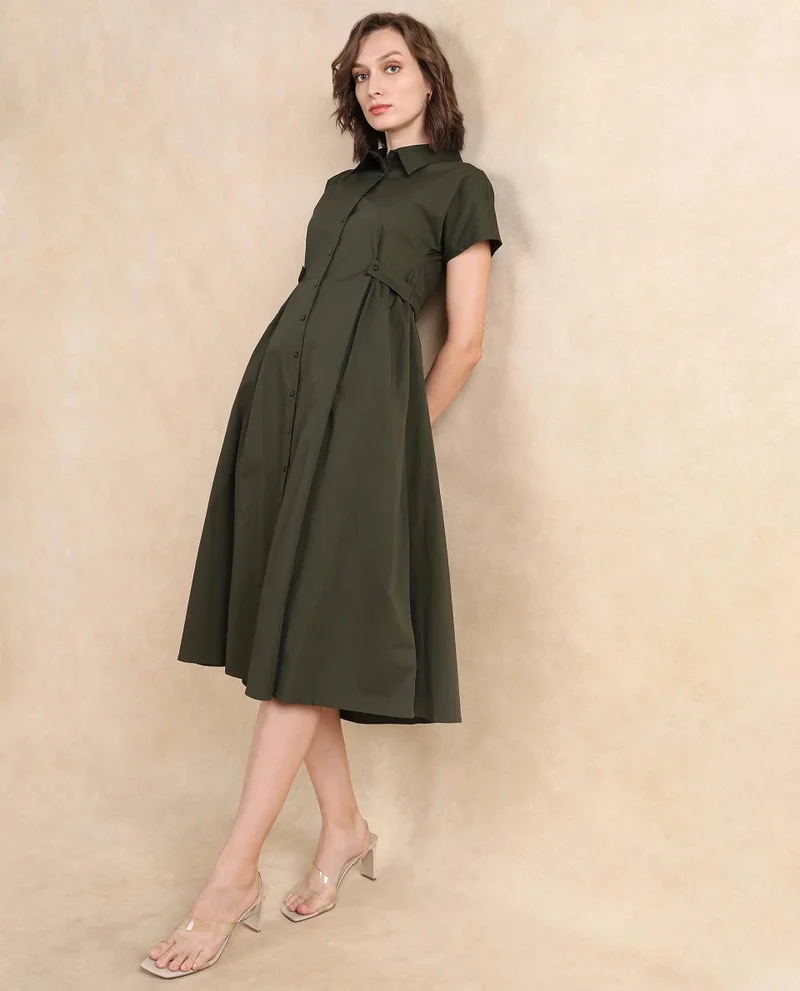 Rareism Rareism Women Eddl Olive Cotton Blend Fabric Short Sleeve Collared Neck Button Closure Fit And Flare Midi Plain Dress