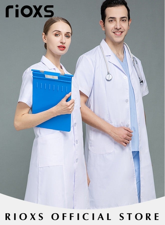 RIOXS Men's Surgical Scrubs Lab Coats Medical Uniforms Front-buttoned Surgical Scrub Set with Pockets Professional Solid-Color Medical Short-Sleeve Top Dental Lab, White - Image 2