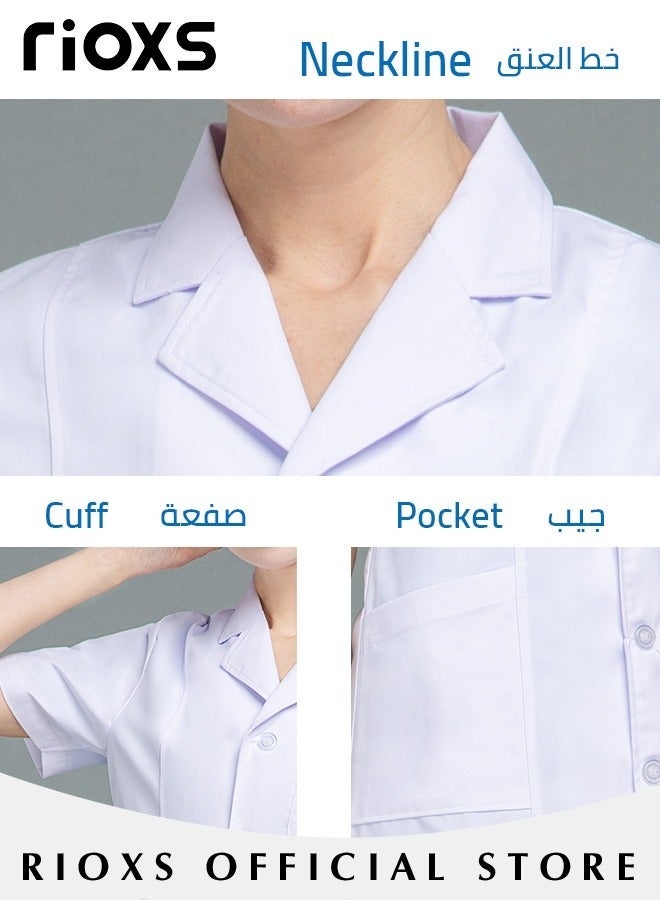 RIOXS Men's Surgical Scrubs Lab Coats Medical Uniforms Front-buttoned Surgical Scrub Set with Pockets Professional Solid-Color Medical Short-Sleeve Top Dental Lab, White - Image 4