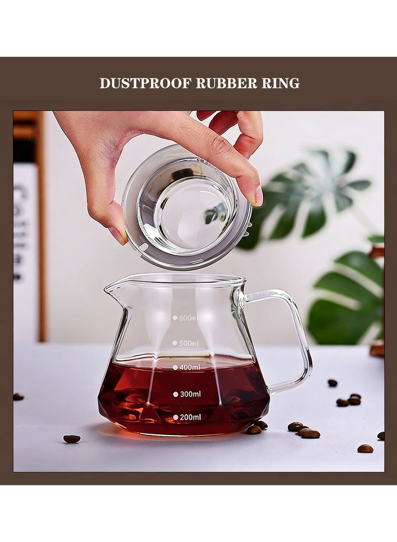 إبريق قهوة زجاجي V60، آلة صنع القهوة بسعة 600 مللي لتر بتصميم مثمن الأضلاع، إبريق زجاجي لصب القهوة يدويًا مزود بغطاء، مخصص لآلات القهوة بالتنقيط، إبريق قهوة زجاجي V60، مصفاة قهوة (شفافة) - Image 3