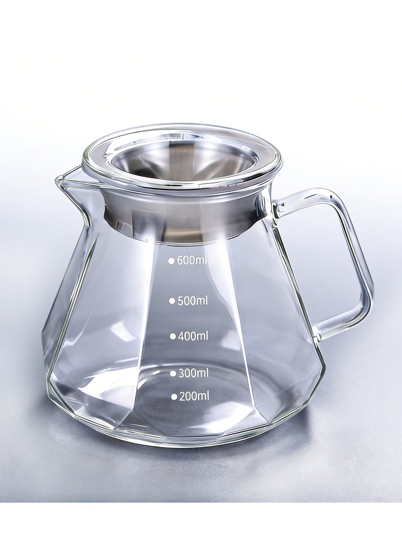 إبريق قهوة زجاجي V60، آلة صنع القهوة بسعة 600 مللي لتر بتصميم مثمن الأضلاع، إبريق زجاجي لصب القهوة يدويًا مزود بغطاء، مخصص لآلات القهوة بالتنقيط، إبريق قهوة زجاجي V60، مصفاة قهوة (شفافة) - Image 1