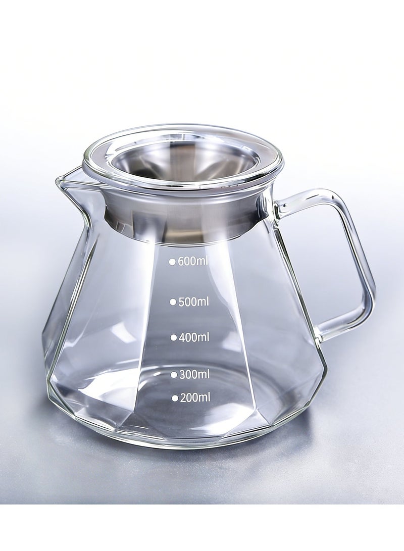 إبريق قهوة زجاجي من زجاج البوروسيليكات V60، سعة 600 مل، ماكينة قهوة ثمانية الأضلاع بتصميم ماسي، إبريق شاي زجاجي لتحضير القهوة بالتقطير مع غطاء، مثالي لماكينات القهوة بالتقطير، وعاء تقديم قهوة زجاجي، قمع تقطير قهوة، مثالي لتحضير وتقديم القهوة - Image 1