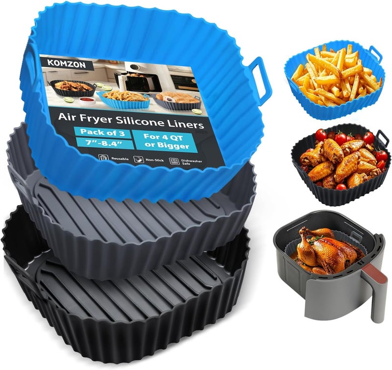 Komzon Silicone Air Fryer Liners Reusable 3 PCS, Airfryer Liners, Silicone Air Fryer Basket Liners Square, Food Grade AirFryer Accessories 4-7 QT, Ktchen Gadgets for Pot Oven Liner Baking Tray Pan - Image 1