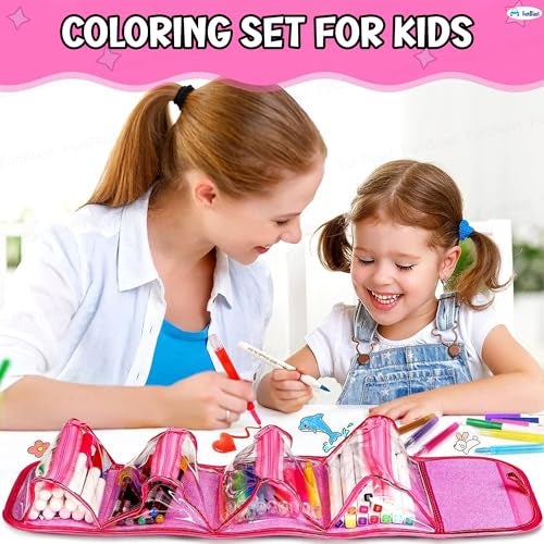 FunBlast Coloring Set for Kids in Foldable Pouch Includes 10 Pcs Twin Tip Acrylic Markers, 10 Pc Crayons, 10 Pcs Dual Art Marker, 10 Pc Color Pen with 120+ Cartoon Stickers (Unicorn) - Image 2