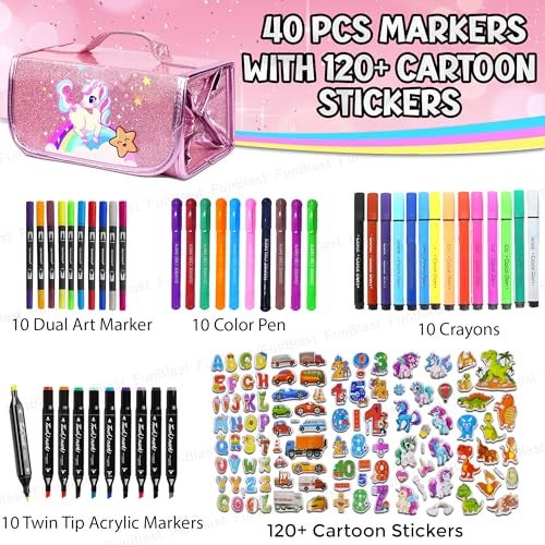 FunBlast Coloring Set for Kids in Foldable Pouch Includes 10 Pcs Twin Tip Acrylic Markers, 10 Pc Crayons, 10 Pcs Dual Art Marker, 10 Pc Color Pen with 120+ Cartoon Stickers (Unicorn) - Image 4
