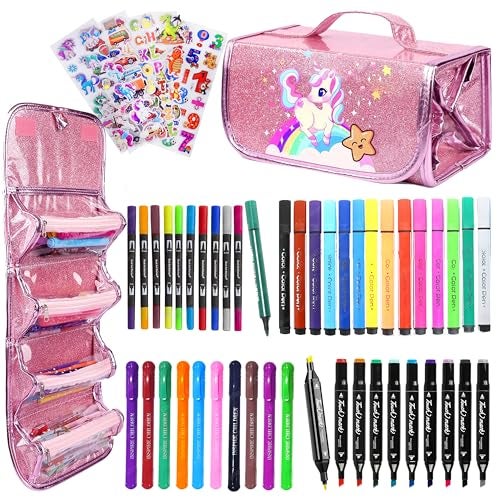 FunBlast Coloring Set for Kids in Foldable Pouch Includes 10 Pcs Twin Tip Acrylic Markers, 10 Pc Crayons, 10 Pcs Dual Art Marker, 10 Pc Color Pen with 120+ Cartoon Stickers (Unicorn) - Image 1