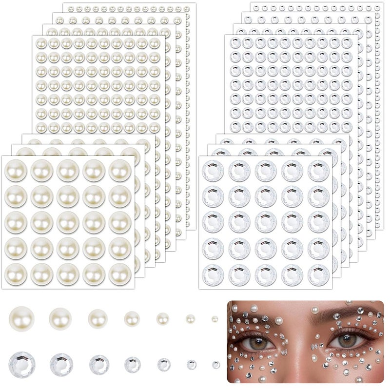 TecoKart 2032 Pcs Self Adhesive Pearls and Rhinestones StickerHair Gems and Hair Pearls Face Pearls for Makeup Crafts Home Decor Scrapbooking7 Sizes 3mm4mm5mm6mm8mm10mm12mm