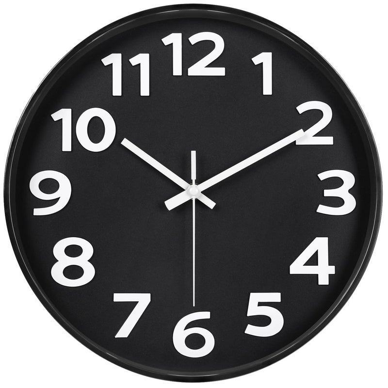 45MinST 12 Inch 3D Number Dial Face Modern Indoor Outdoor Clock Silent NonTicking Round Home Decor Wall Clock with Arabic Numerals Black
