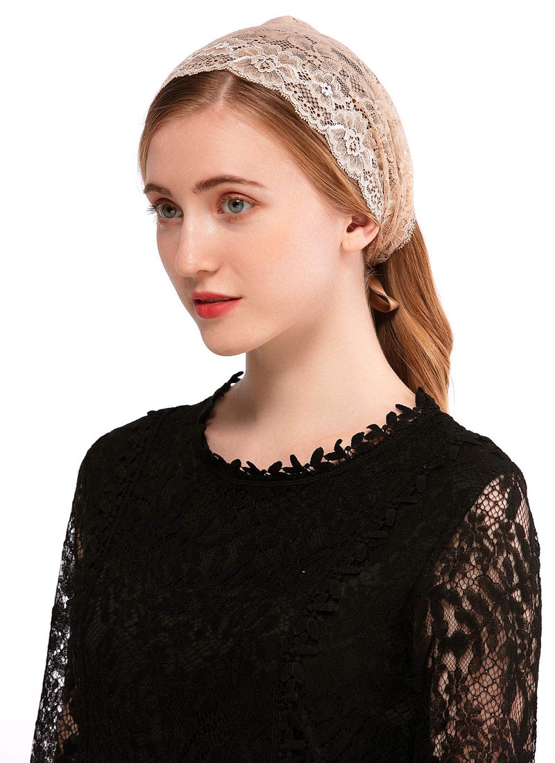 PAMOR Rose Lace Headband Kerchief Tie-style Floral Headwrap Latin Mass Head Covering Church Veil with Bobby Pins (Beige) - Image 3