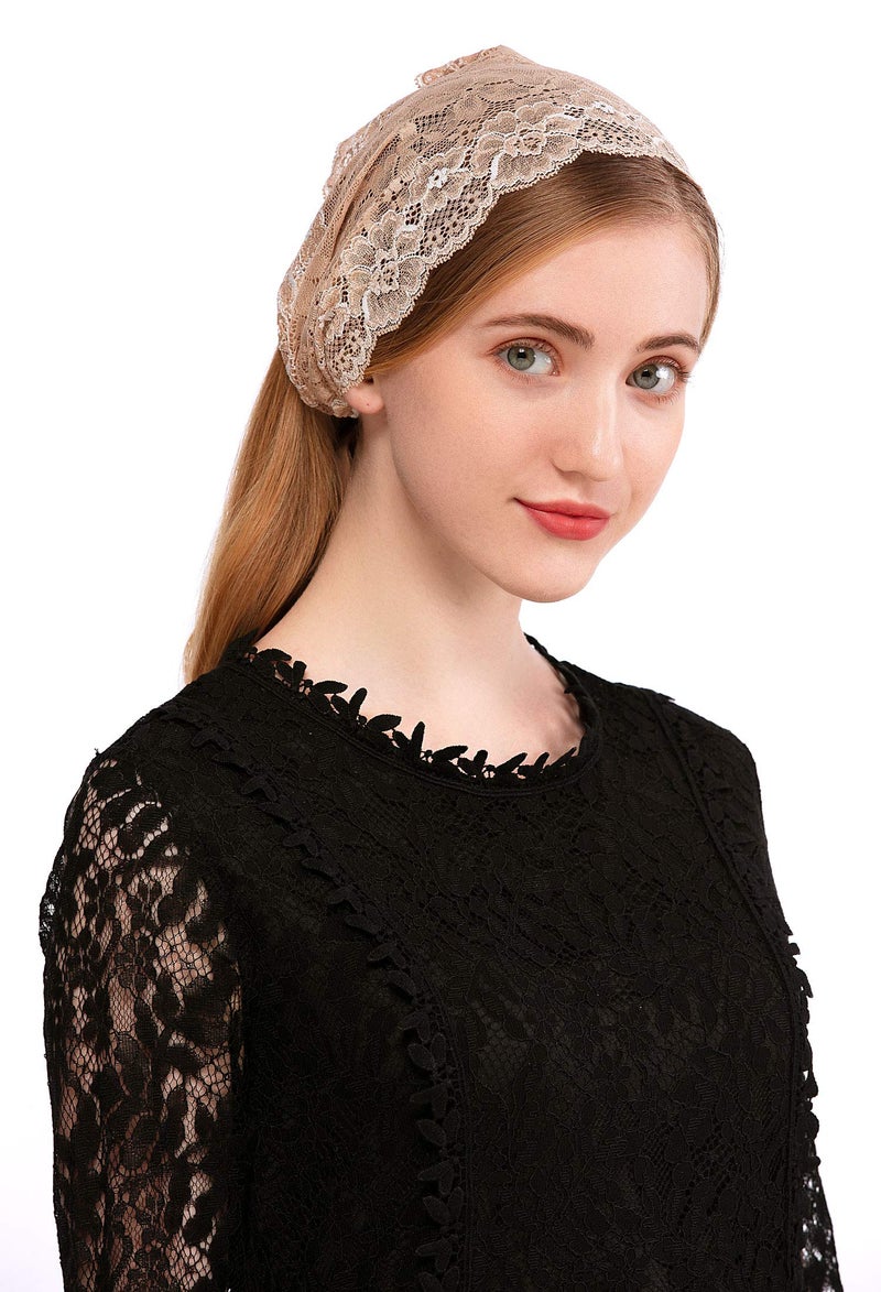 PAMOR Rose Lace Headband Kerchief Tie-style Floral Headwrap Latin Mass Head Covering Church Veil with Bobby Pins (Beige) - Image 4