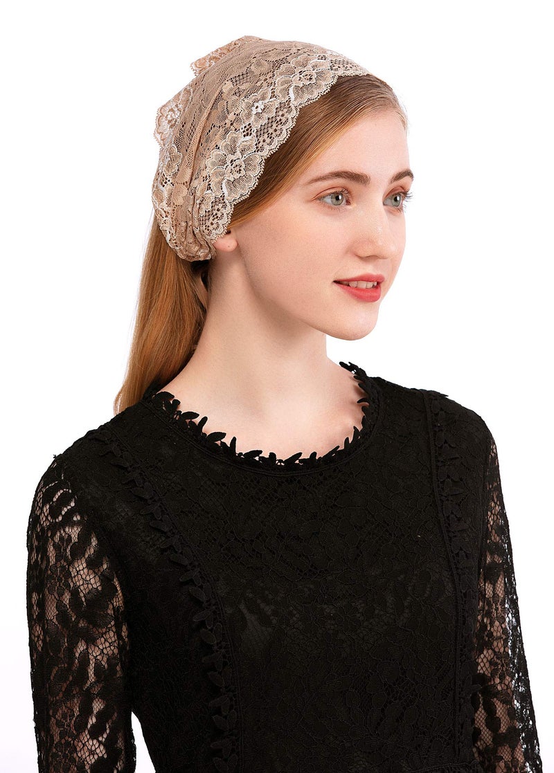 PAMOR Rose Lace Headband Kerchief Tie-style Floral Headwrap Latin Mass Head Covering Church Veil with Bobby Pins (Beige) - Image 2