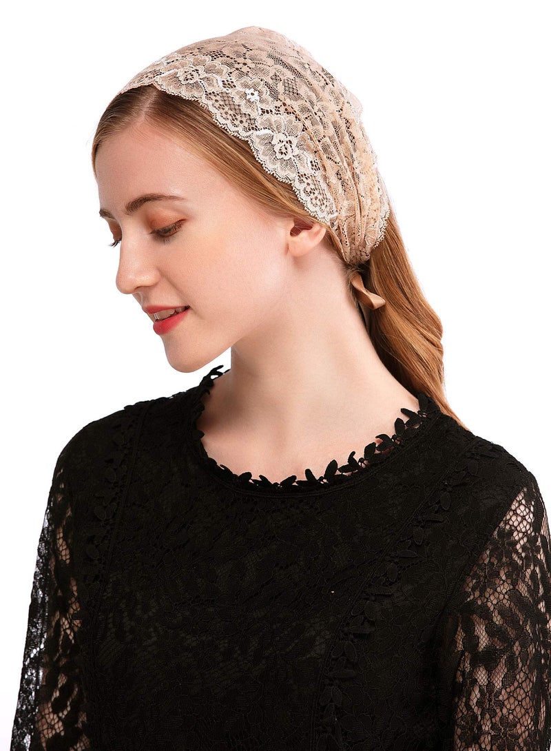PAMOR Rose Lace Headband Kerchief Tie-style Floral Headwrap Latin Mass Head Covering Church Veil with Bobby Pins (Beige) - Image 1