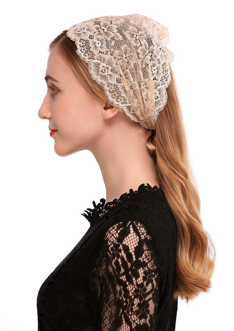 PAMOR Rose Lace Headband Kerchief Tie-style Floral Headwrap Latin Mass Head Covering Church Veil with Bobby Pins (Beige) - Image 5